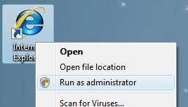 Run Internet Explorer as administrator screenshot